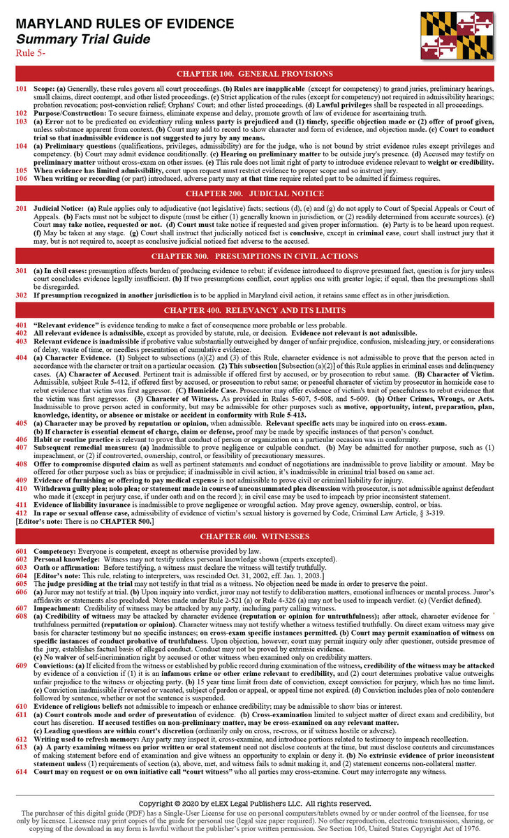Maryland Rules of Evidence Summary Guide (Digital Download)